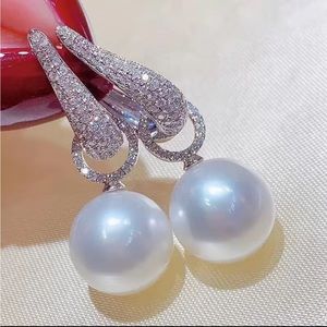 Leverback Drop Earrings Faux Pearls Shiny Zircon Gemstone Dangle Earrings
